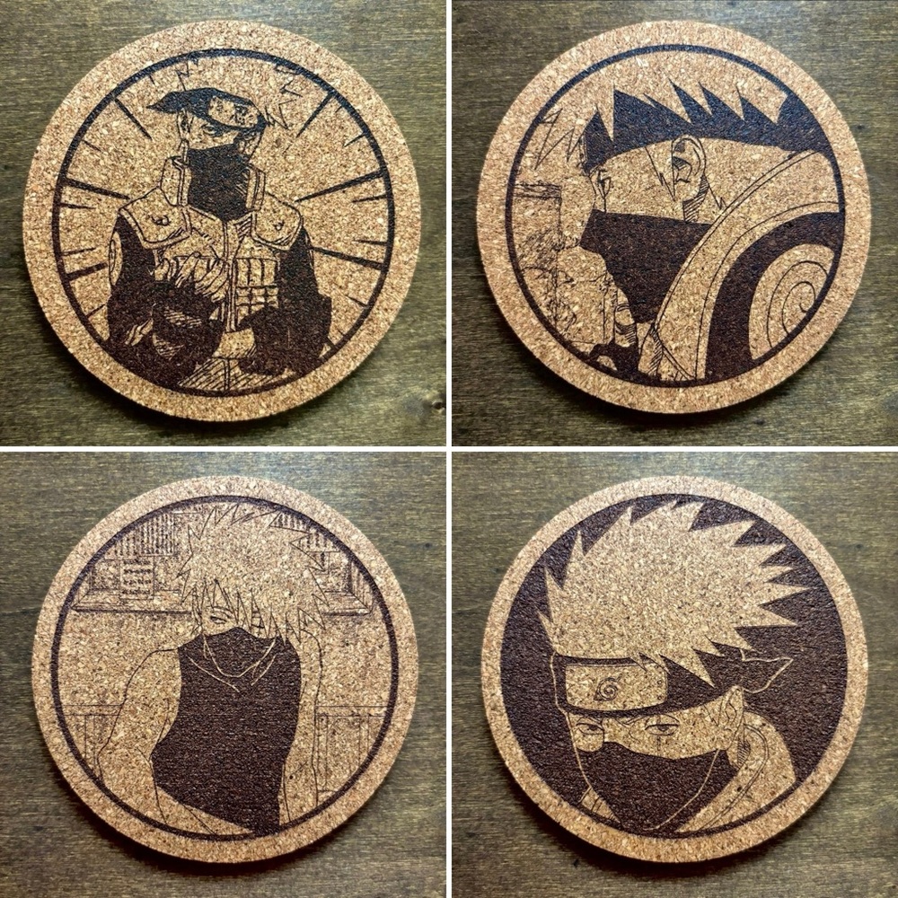 Naruto Kakashi Laser Engraved Cork Coasters Lot of 4